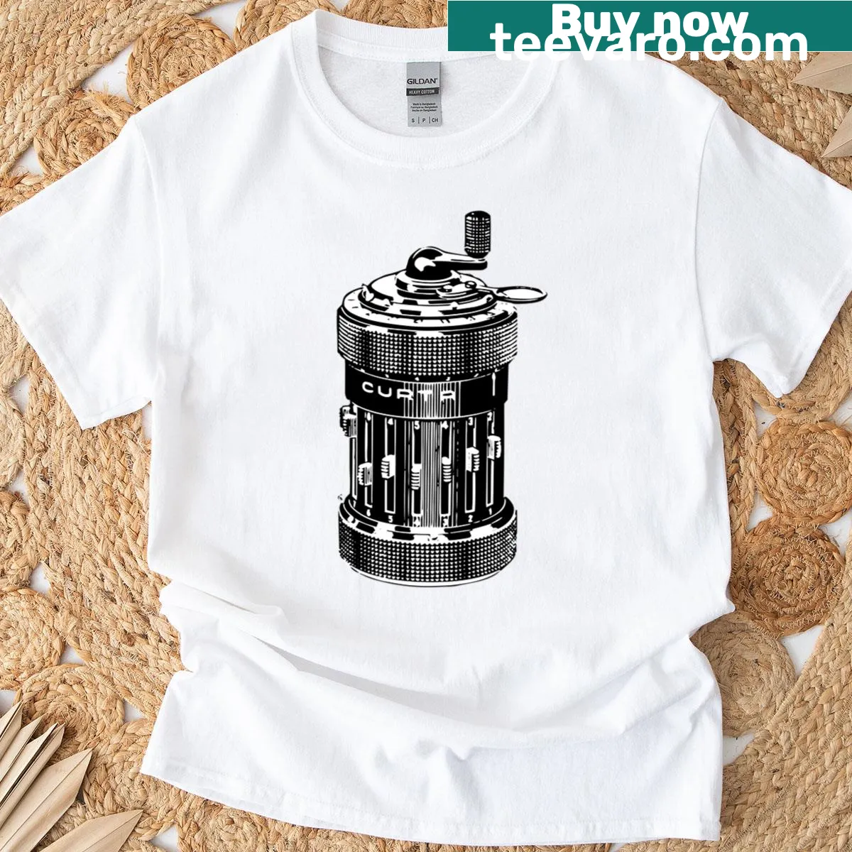 Minimalist design of Curta calculator on a t-shirt — on a men's t-shirt