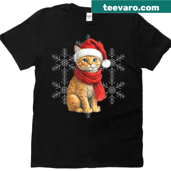 Adorable cat in a Santa hat on a Christmas-themed T-shirt