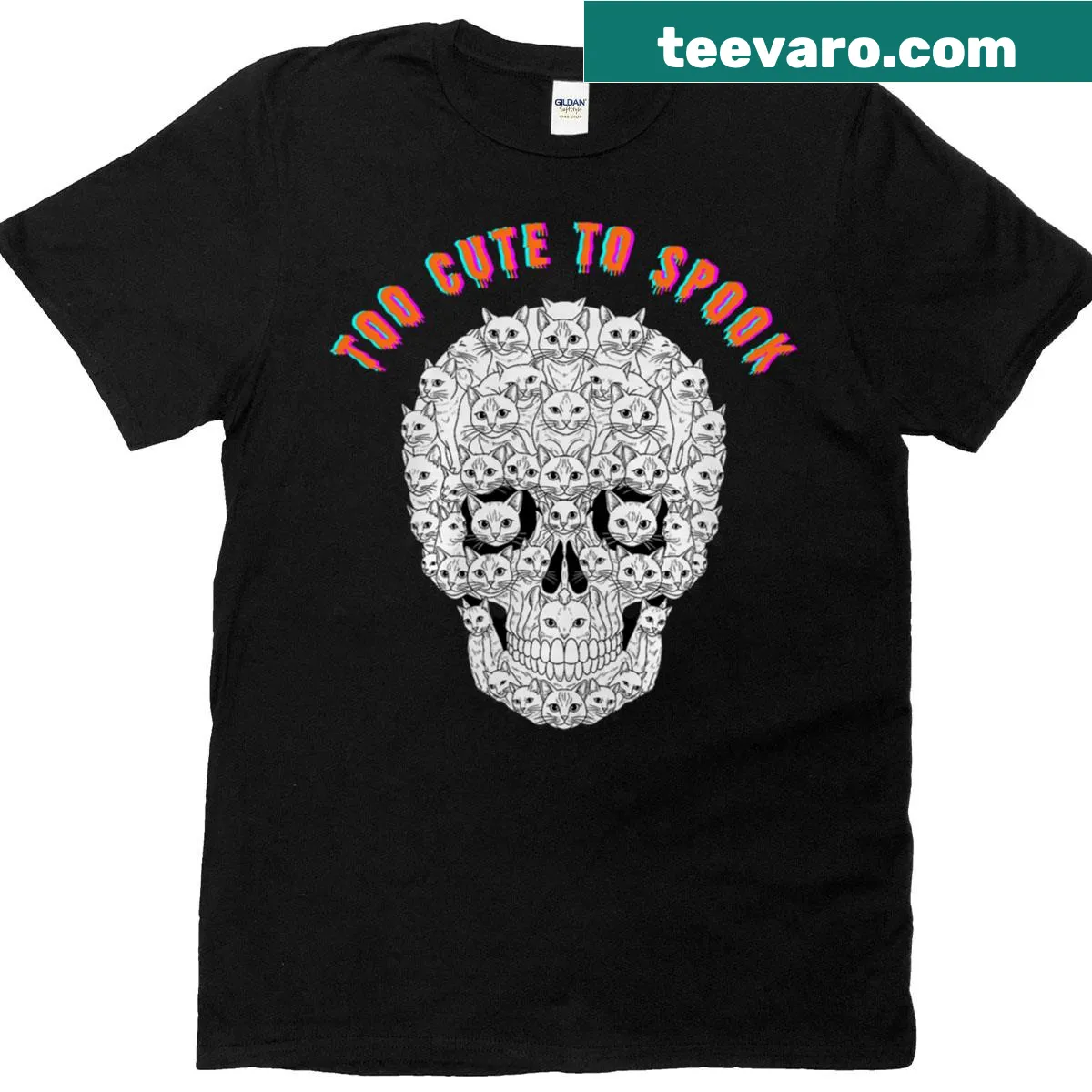 Cute Halloween t-shirt with cat faces and skull illusion outline art — on a men's t-shirt
