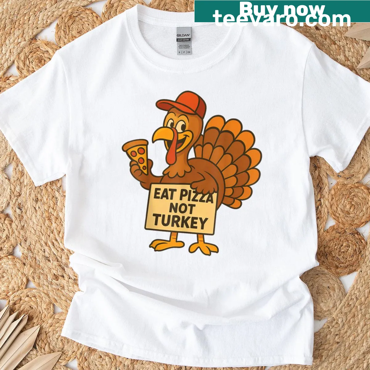 Thanksgiving T-shirt with a humorous pizza and turkey design — on a men's t-shirt