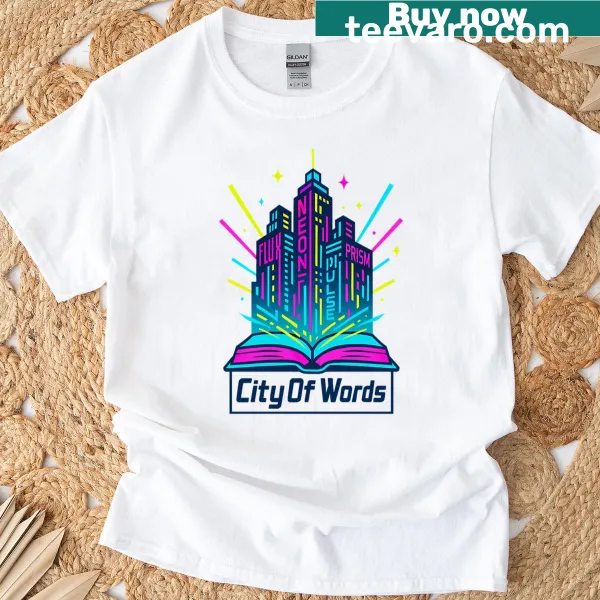 T-shirt with a cyberpunk cityscape and holographic book design