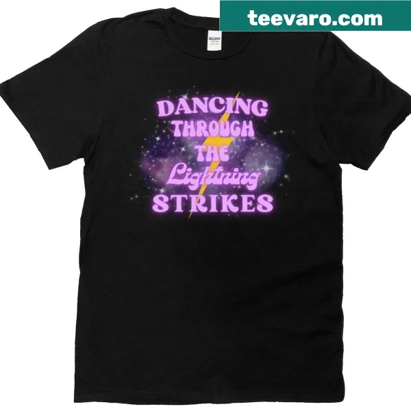Cosmic-themed T-shirt featuring dancing figures and lightning strikes.