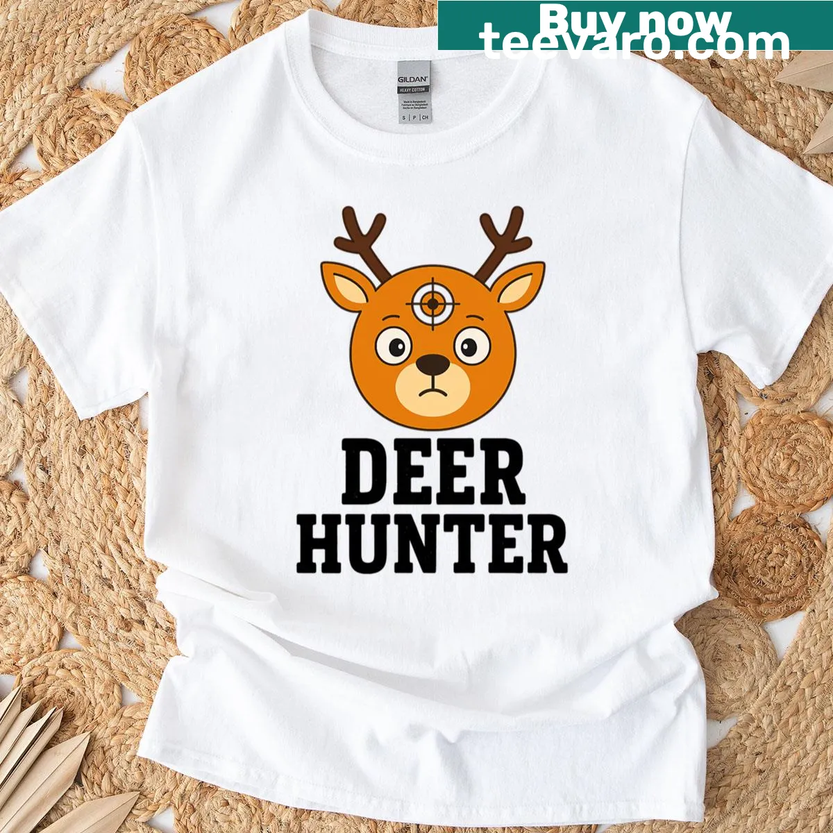 Cartoon trophy buck illustration with humorous text on a t-shirt — on a men's t-shirt