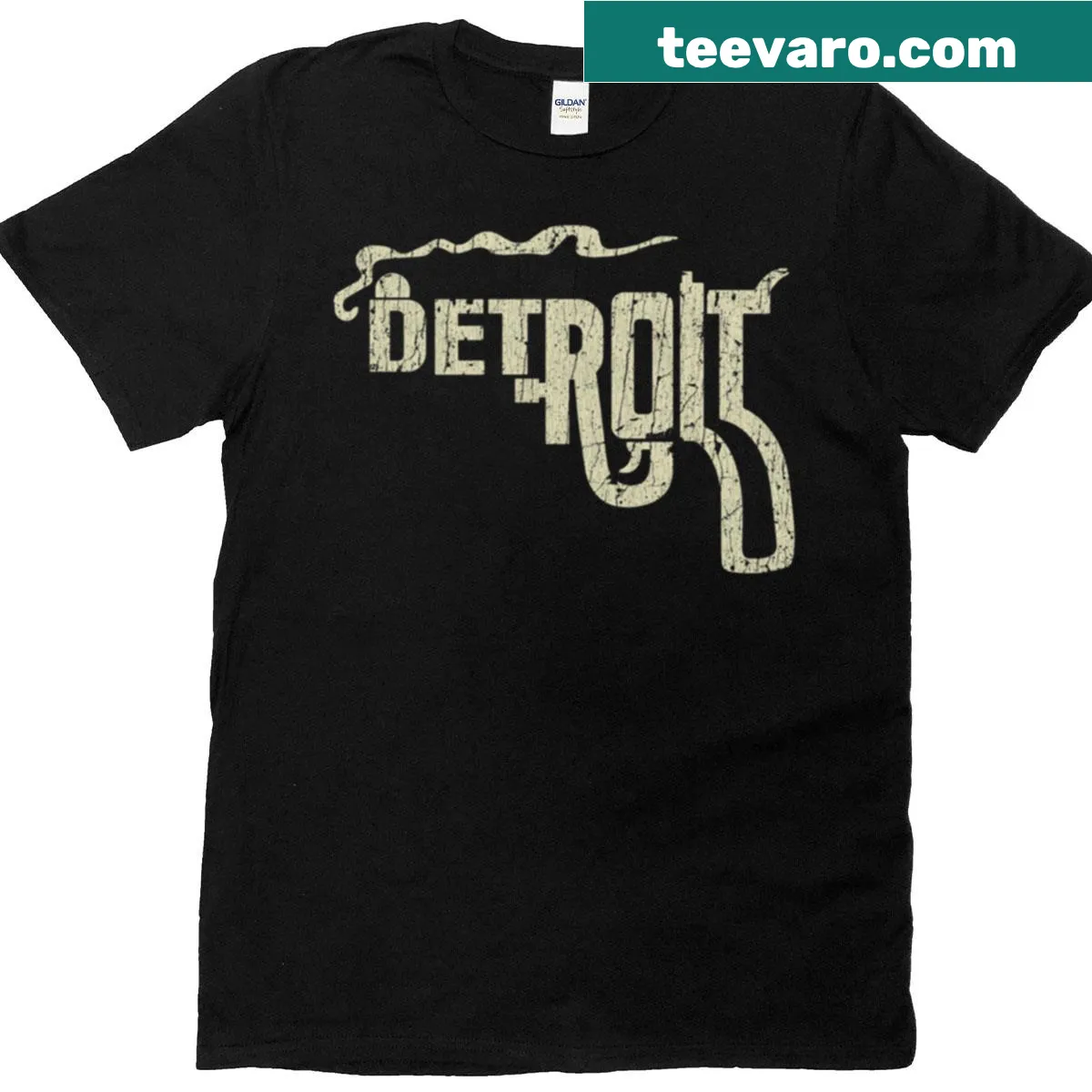 Bold Detroit-themed T-shirt with a 'Smoking Gun' graphic. — on a men's t-shirt
