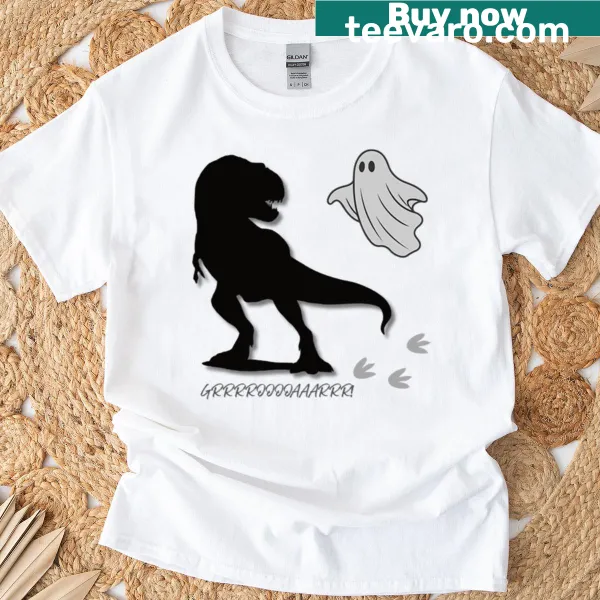 Graphic tee showing a dinosaur and ghost in a playful confrontation