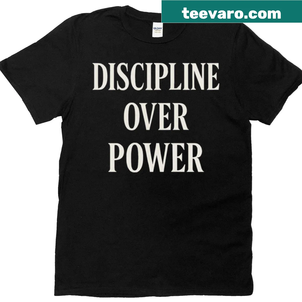 Minimalist black and white typography shirt with 'Discipline Over Power' text — on a men's t-shirt