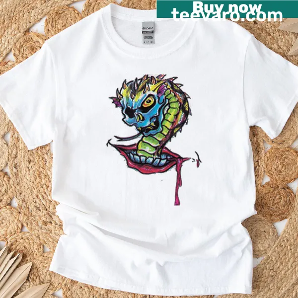 Illustration of a dragon emerging from a mouth on a t-shirt.
