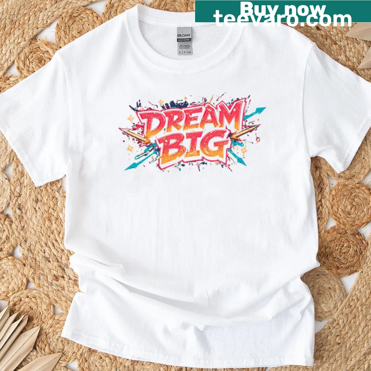 Motivational graffiti art T-shirt with a 'Dream Big' quote — on a men's t-shirt