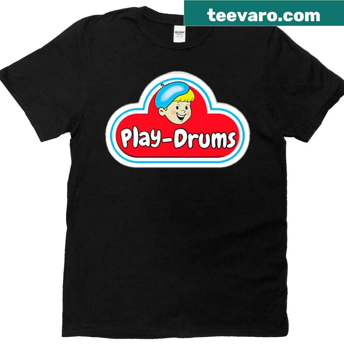 Vintage distressed drummer T-shirt with a logo and drums graphic. — on a men's t-shirt