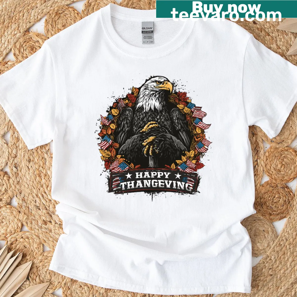 Thanksgiving T-shirt with eagle and American flag illustration — on a men's t-shirt
