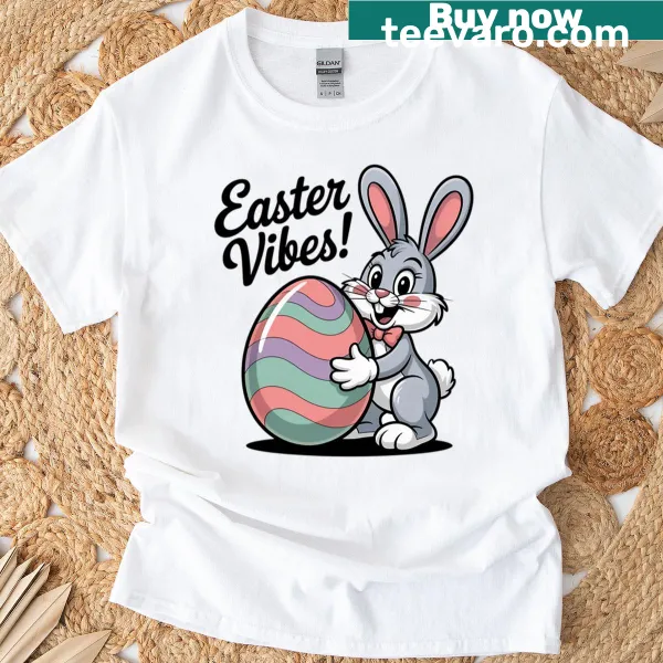 Whimsical Easter t-shirt with pastel bunny and egg artwork