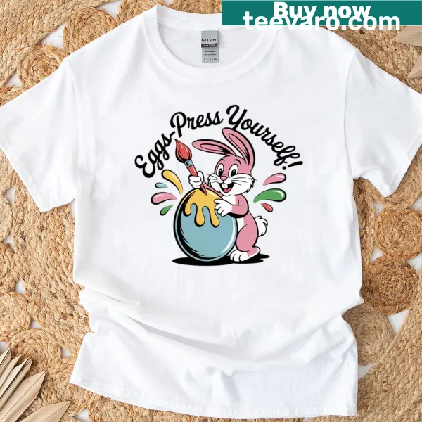 Funny Easter T-shirt with playful egg illustration and pun.