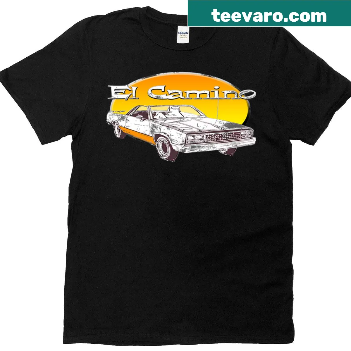 Hot rod El Camino graphic on baseball sleeve T-shirt — on a men's t-shirt