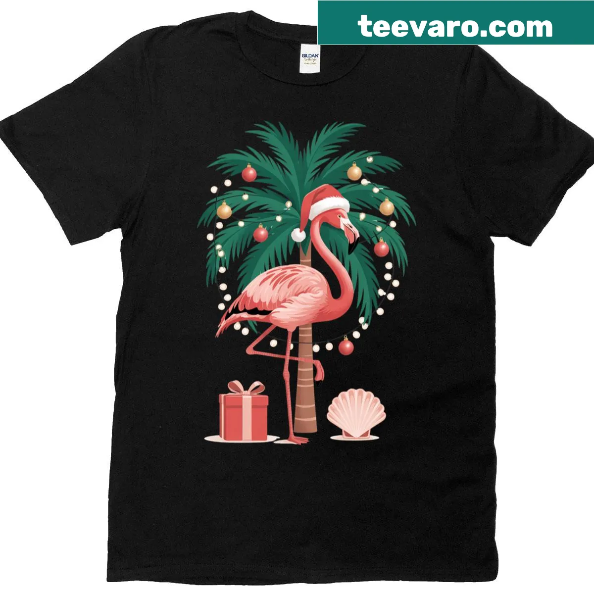 Elegant flamingo graphic with Christmas decorations on a T-shirt — on a men's t-shirt