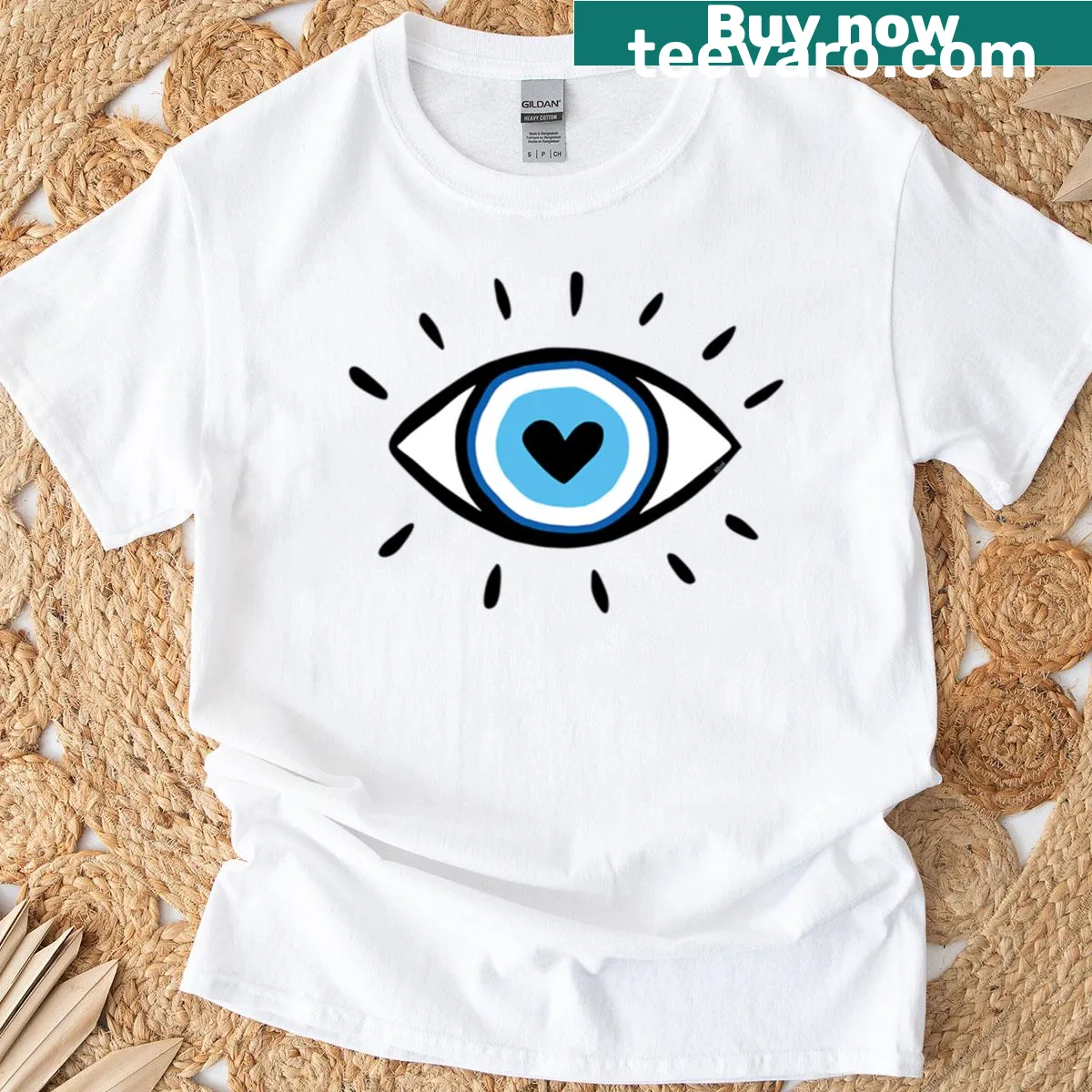 T-shirt with an evil eye design and mystical typography — on a men's t-shirt