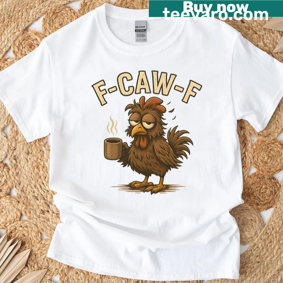 Funny rooster coffee meme quote t-shirt with F-caw-f phrase. — on a men's t-shirt