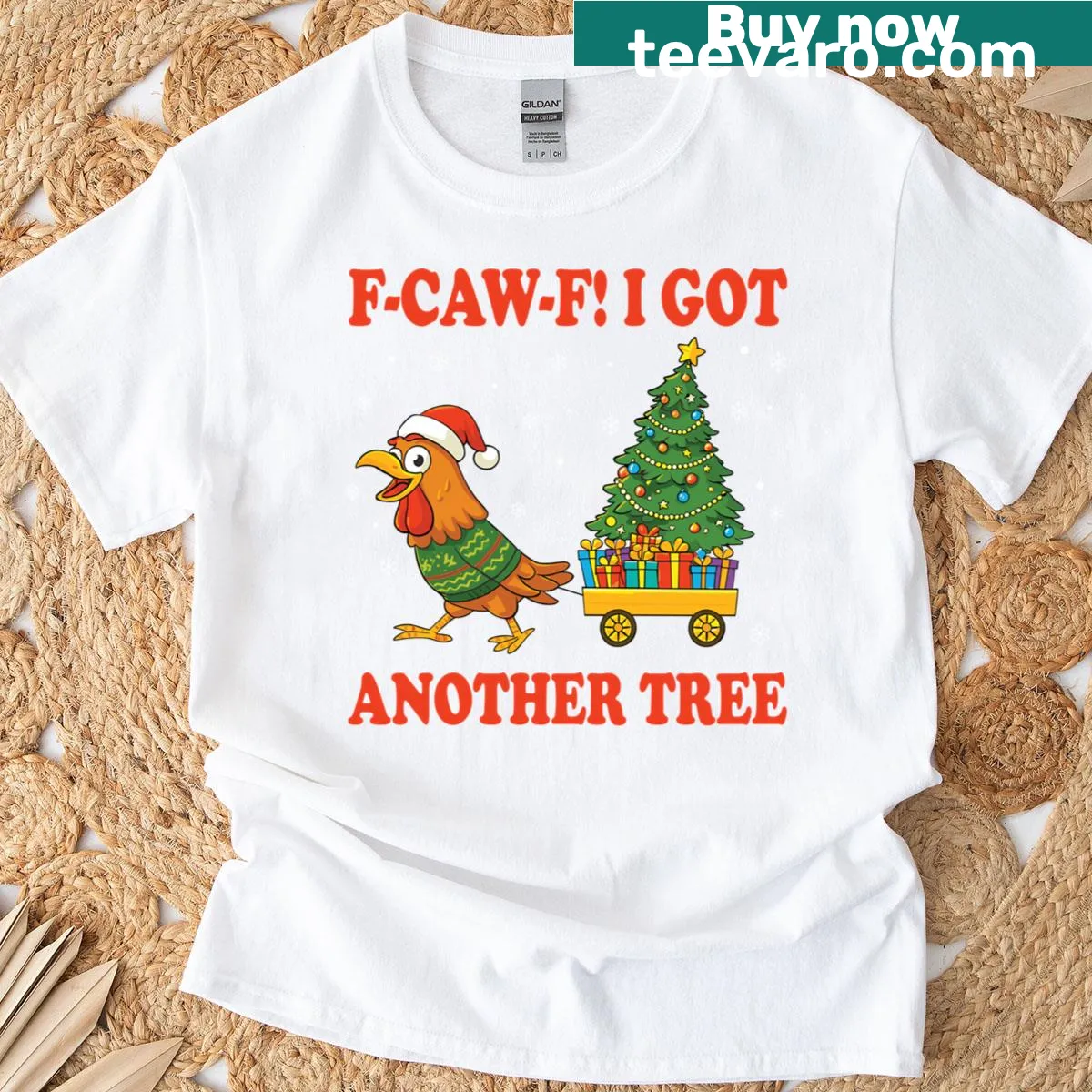 Cartoon rooster graphic with text 'I Got Another Tree Chicken' for Christmas — on a men's t-shirt