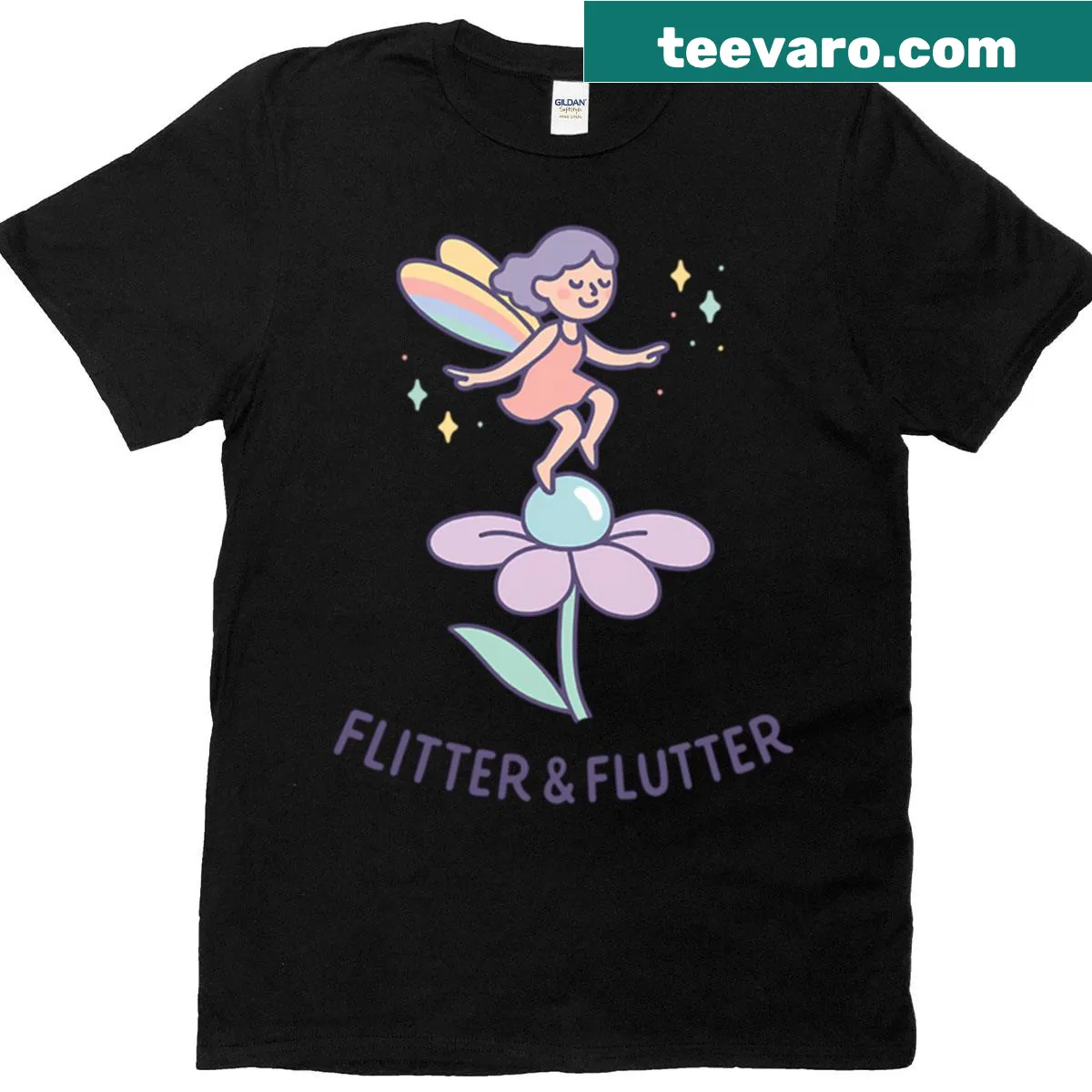 Minimal line art of a fairy on a dewdrop flower — on a men's t-shirt