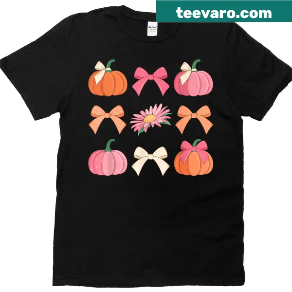 Illustration of pumpkins with bows on a pink T-shirt