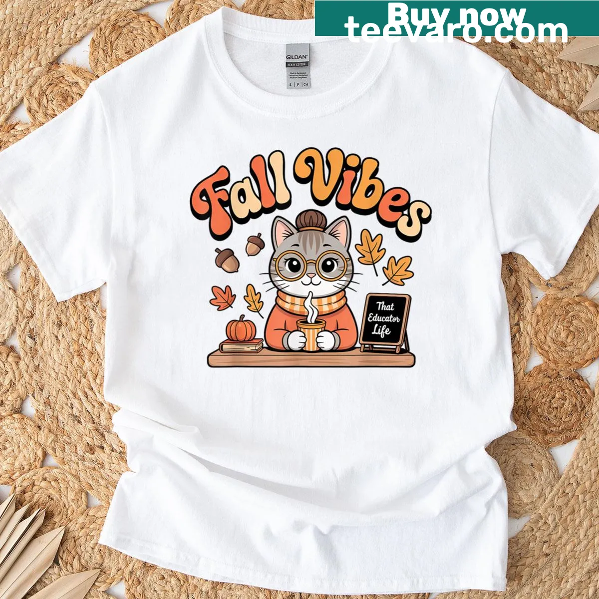 Cute teacher t-shirt with cat and coffee illustration, perfect for fall. — on a men's t-shirt