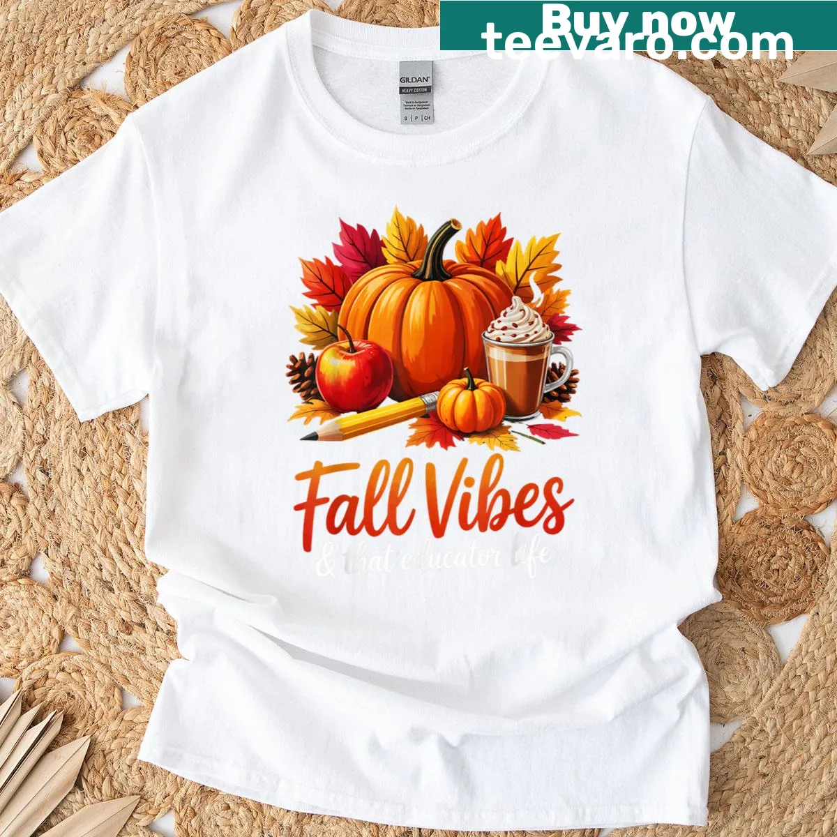 Fall-themed teacher T-shirt with pumpkin and pencil design — on a men's t-shirt