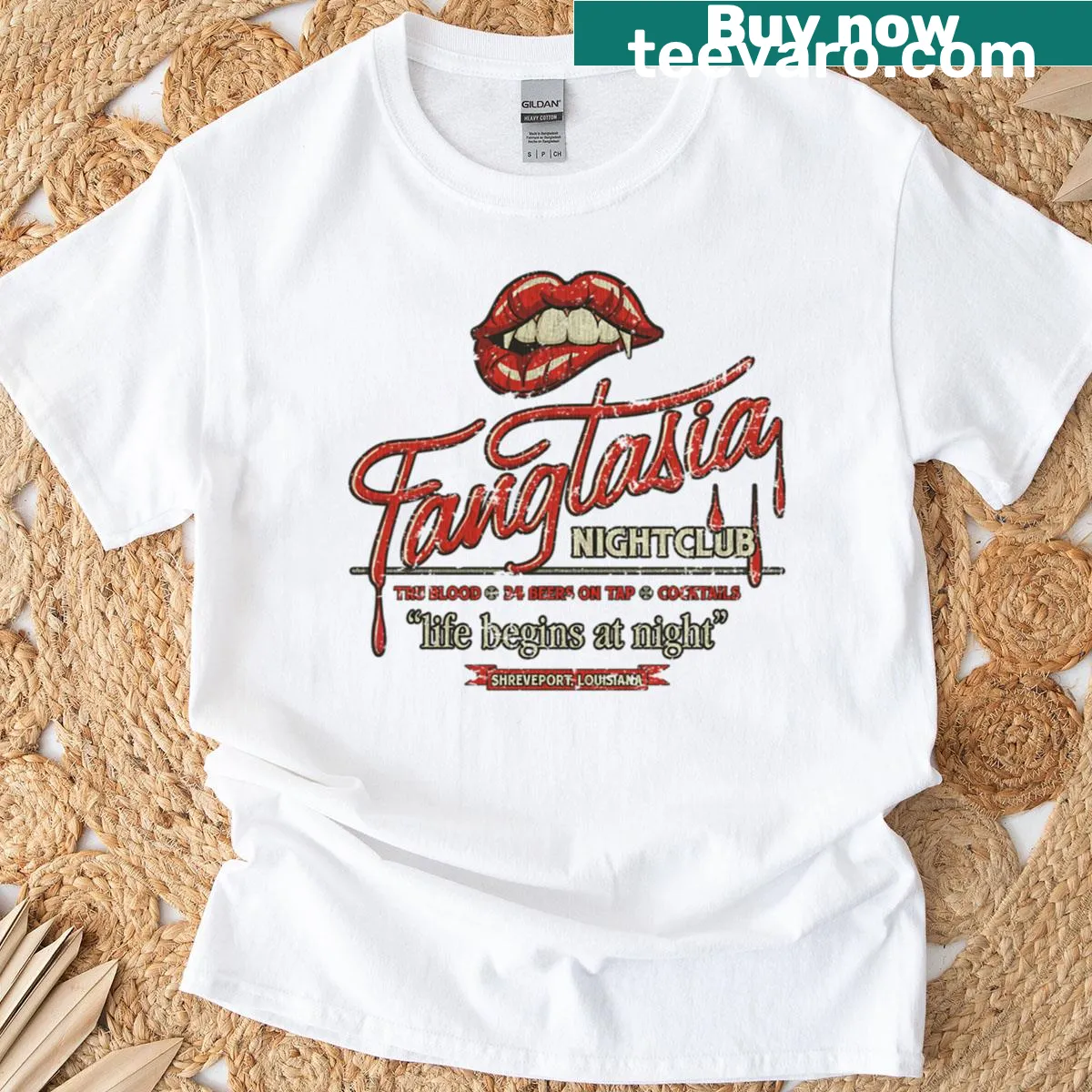 Vintage Fangtasia Nightclub t-shirt with retro design — on a men's t-shirt