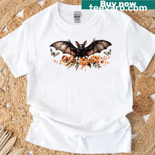 Gothic floral bat illustration T-shirt for Halloween
