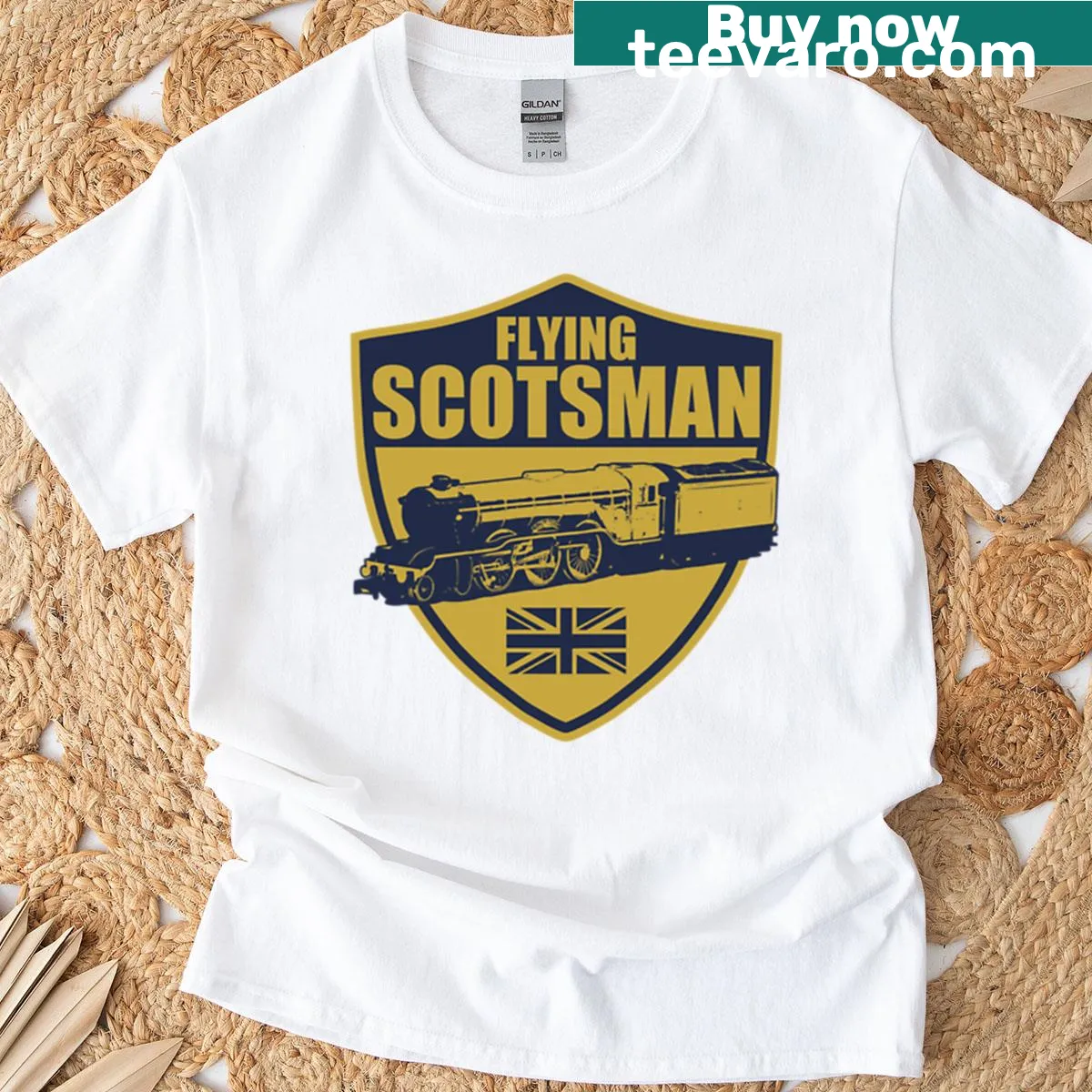 Illustration of the Flying Scotsman steam locomotive — on a men's t-shirt