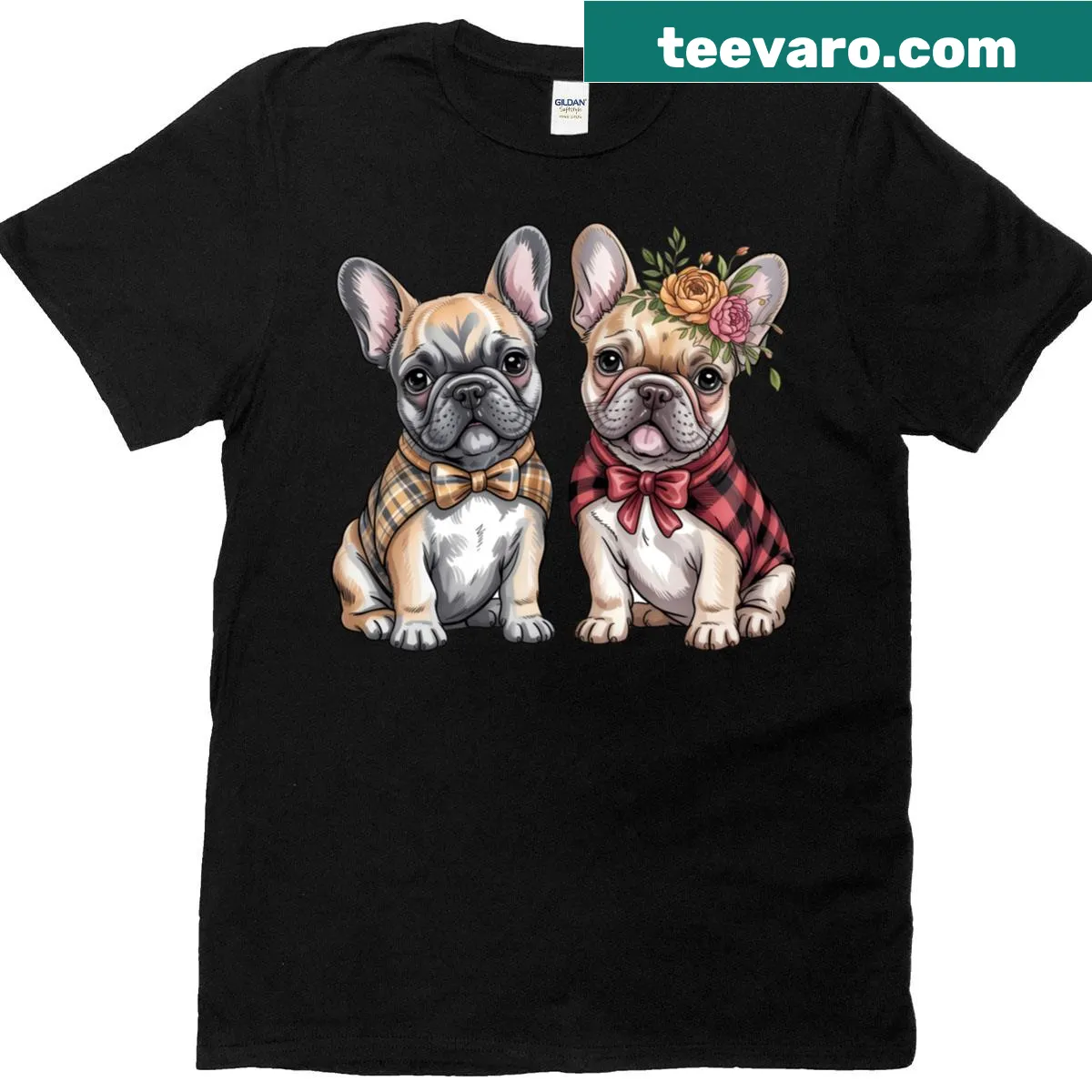Matching couple t-shirt featuring French Bulldogs illustration — on a men's t-shirt