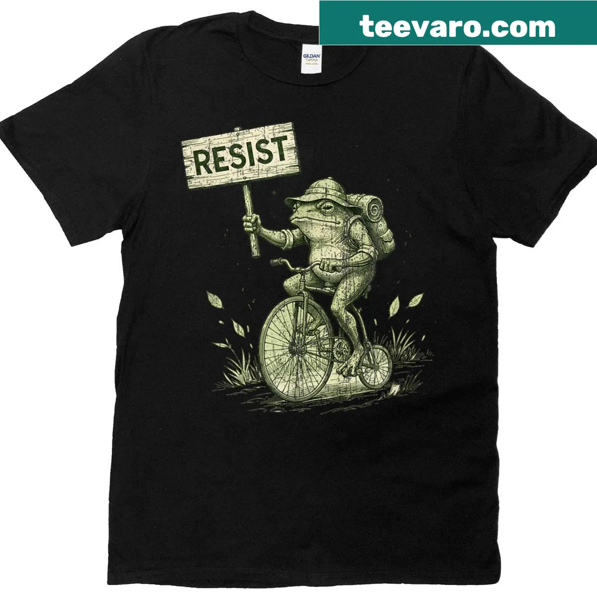 Vintage T-shirt with frog riding a bike graphic — on a men's t-shirt