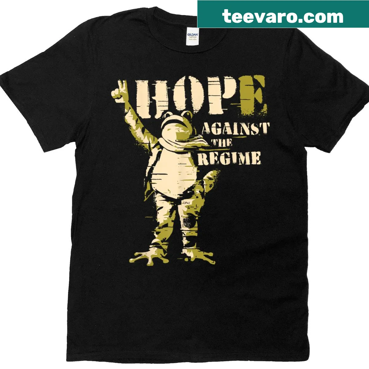 Grunge-style t-shirt featuring a frog graphic and resistance theme — on a men's t-shirt