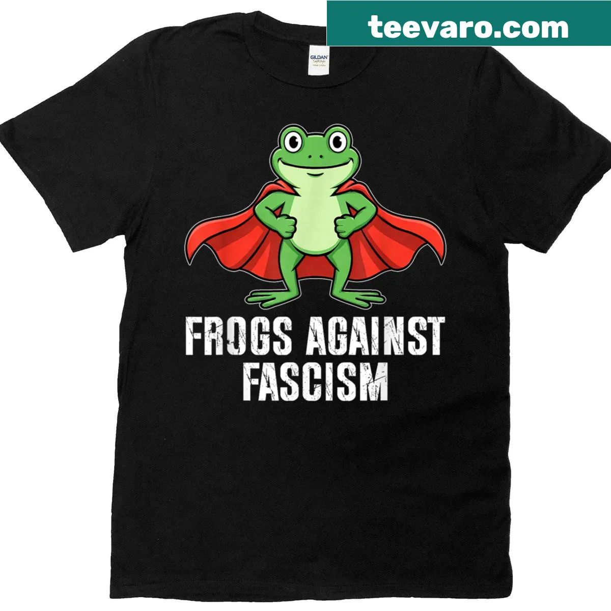 Protest-themed T-shirt featuring frogs and the text 'Frogs Against Fascism' — on a men's t-shirt