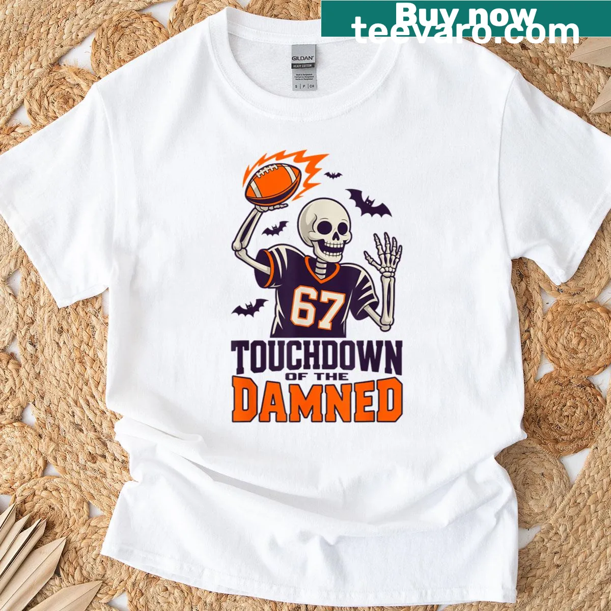 Funny skeleton football Halloween T-shirt design — on a men's t-shirt