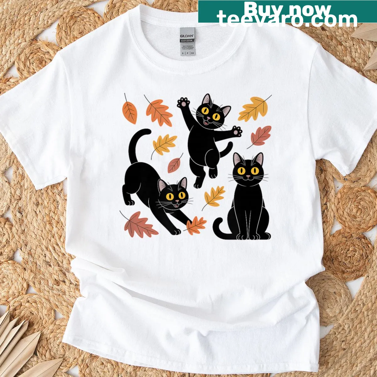 Funny black cat autumn T-shirt with spooky design — on a men's t-shirt