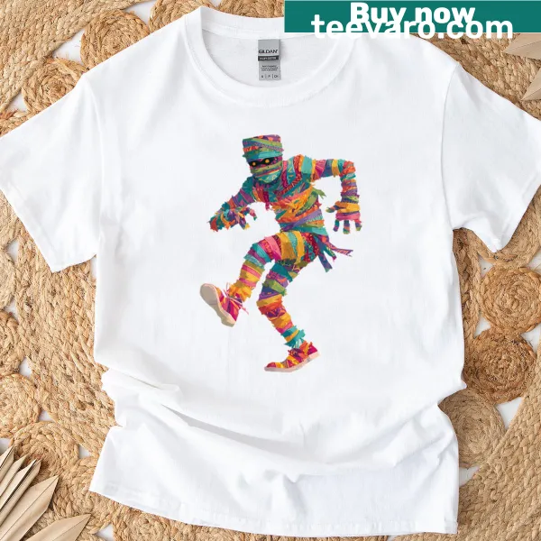Whimsical mummy stomping design for Halloween T-shirt