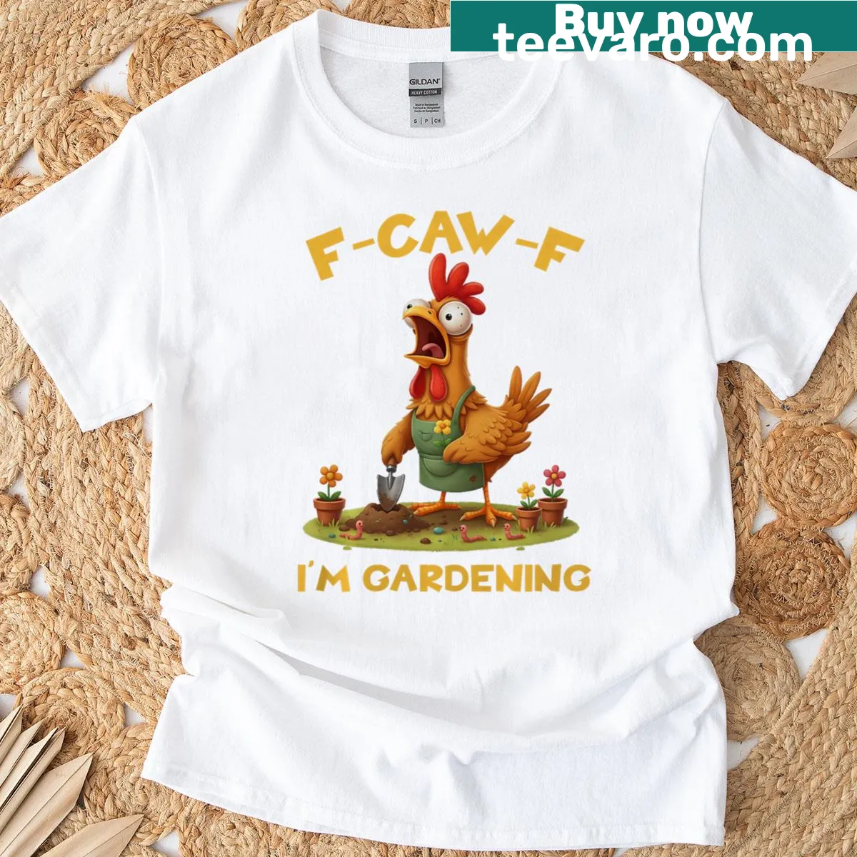 Funny rooster gardening graphic on a humorous T-shirt — on a men's t-shirt
