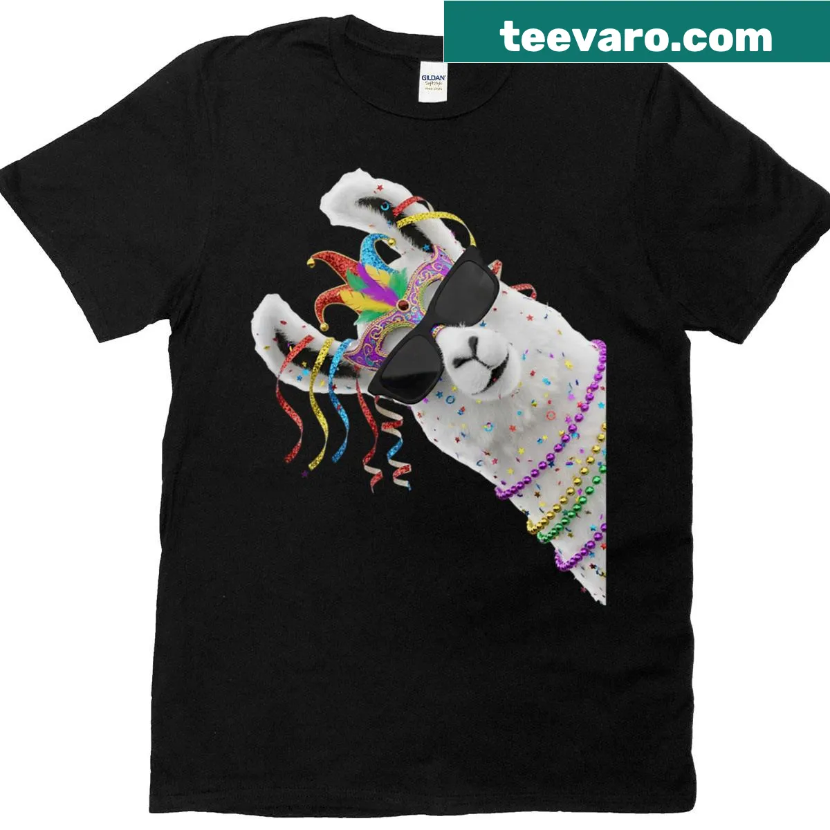 Whimsical T-shirt featuring llamas and alpacas at a carnival celebration — on a men's t-shirt