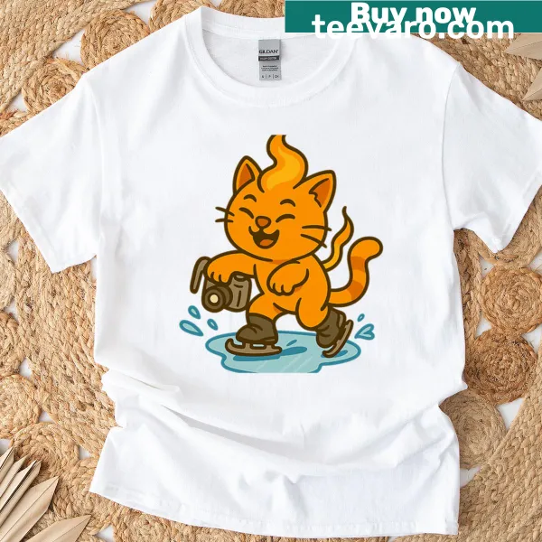 Cartoon illustration of an orange cat ice skating in winter