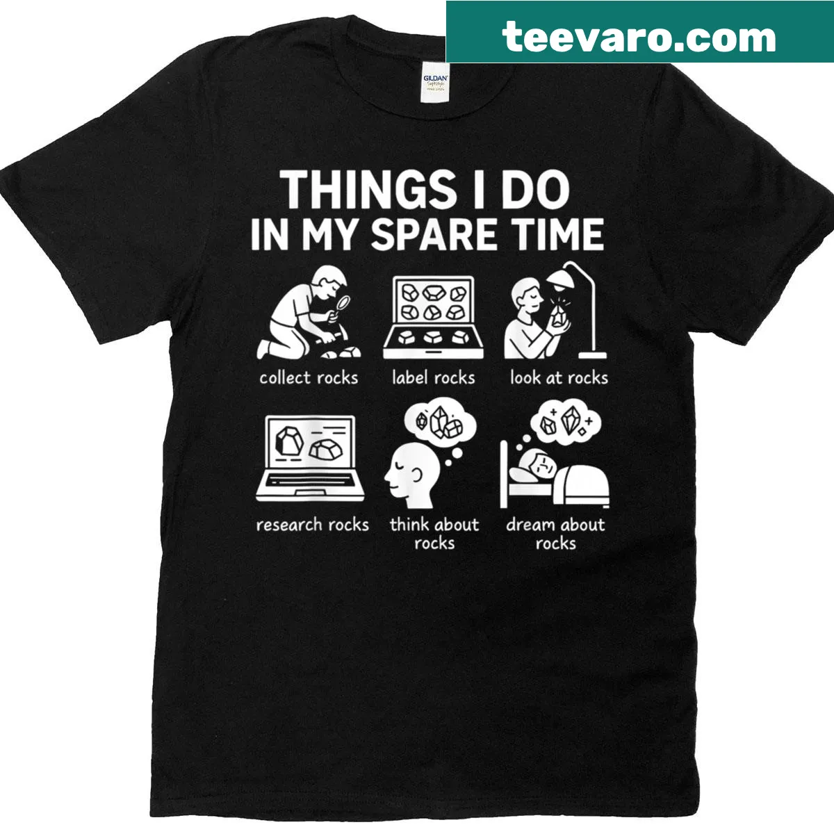 Witty typography on a T-shirt celebrating rock collecting — on a men's t-shirt