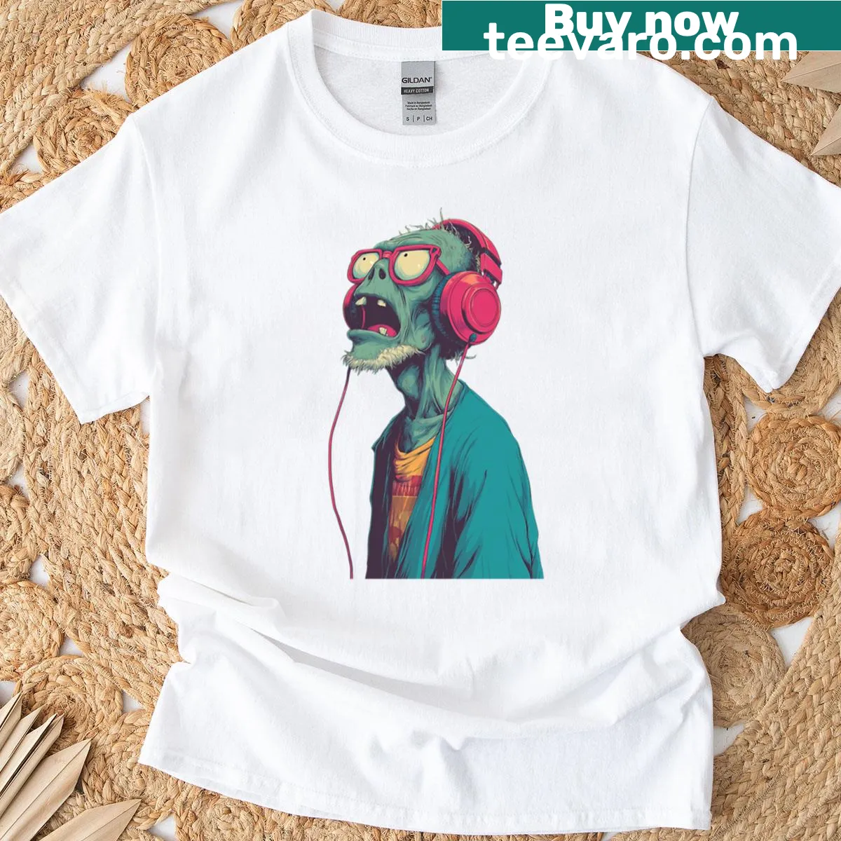 Cartoon shocked zombie graphic wearing headphones on t-shirt — on a men's t-shirt