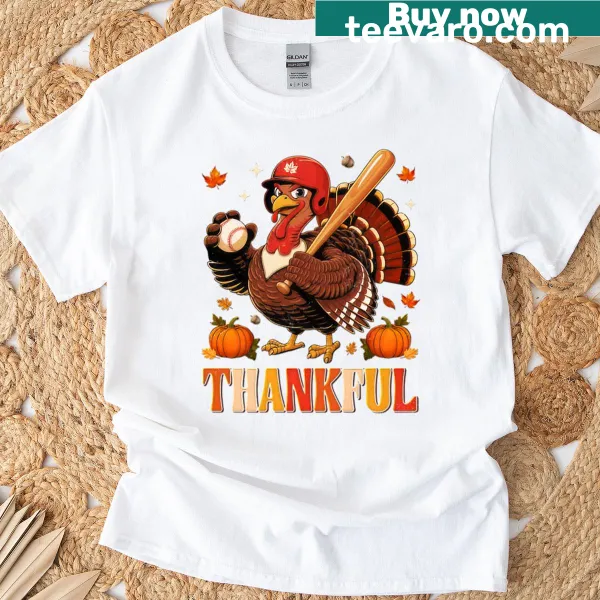 Funny Thanksgiving T-shirt featuring a cartoon turkey with a baseball bat.