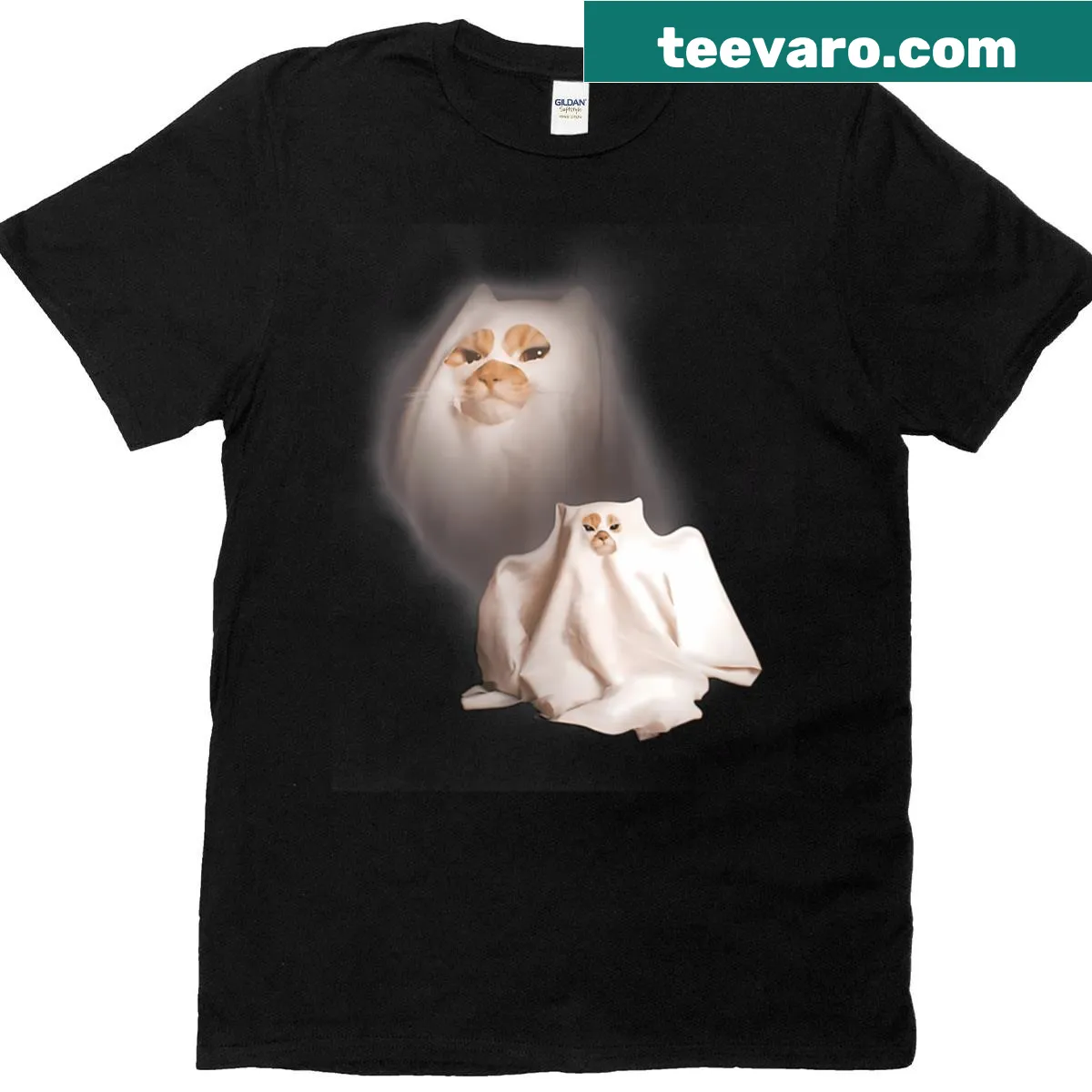 Vintage Halloween shirt with a cartoon ghost kitten design — on a men's t-shirt