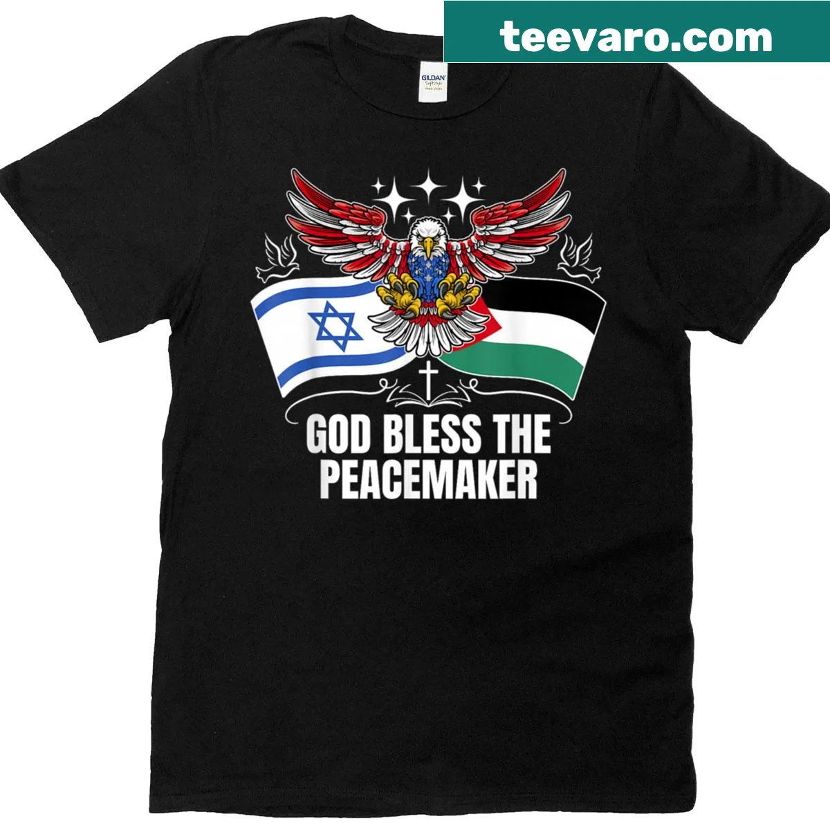 Typography T-shirt with the phrase 'God Bless The Peacemaker' — on a men's t-shirt