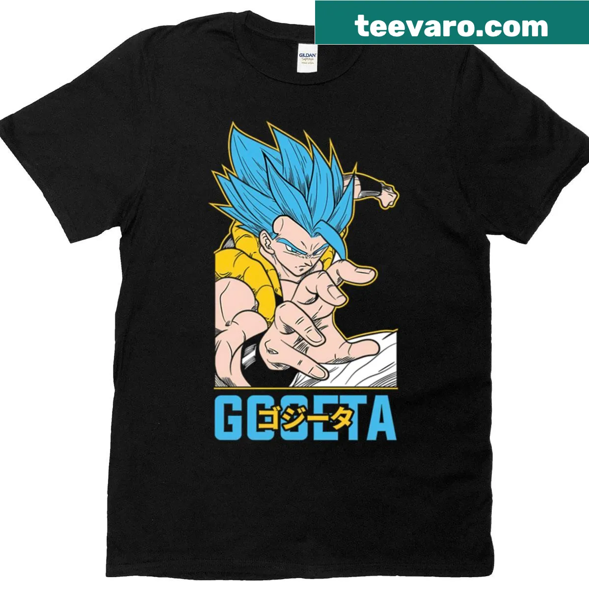 T-shirt featuring Gogeta in dynamic blue anime design — on a men's t-shirt