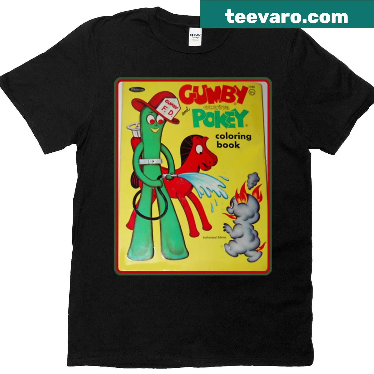 Cartoon t-shirt featuring Gumby battling a demon fire. — on a men's t-shirt