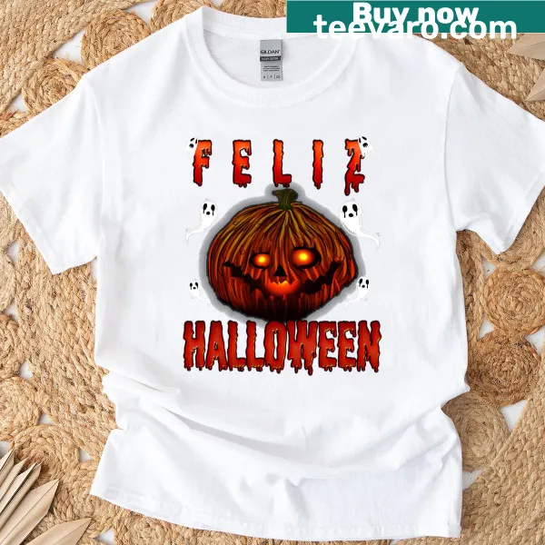 Spooky Halloween T-shirt with glowing pumpkin and floating ghosts