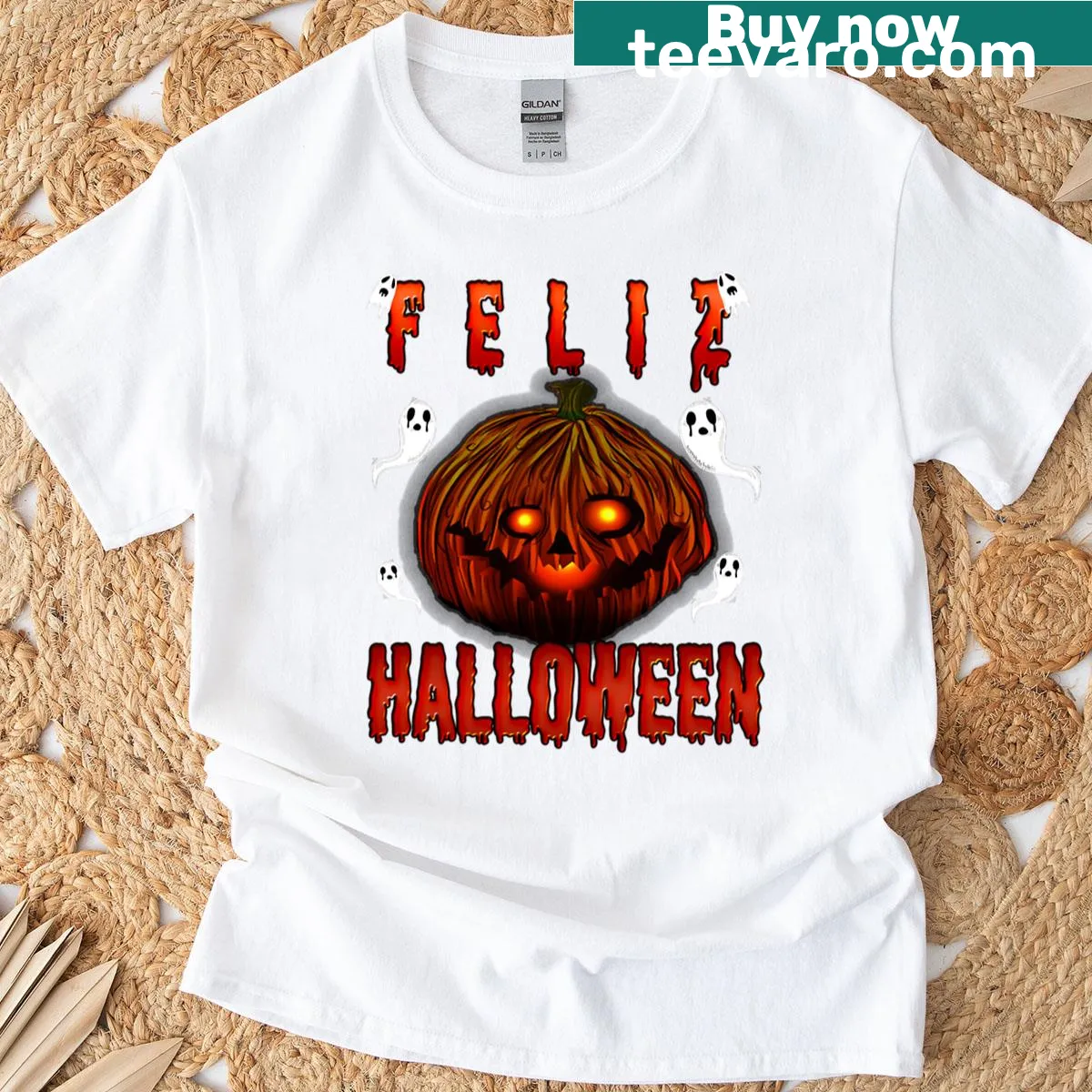 Spooky Halloween T-shirt with glowing pumpkin and floating ghosts — on a men's t-shirt