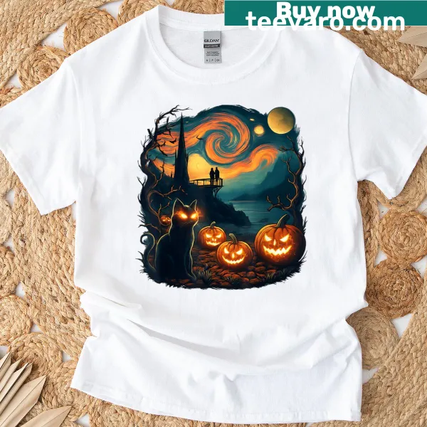Illustrated Halloween t-shirt featuring a black cat, pumpkins, and swirling skies.