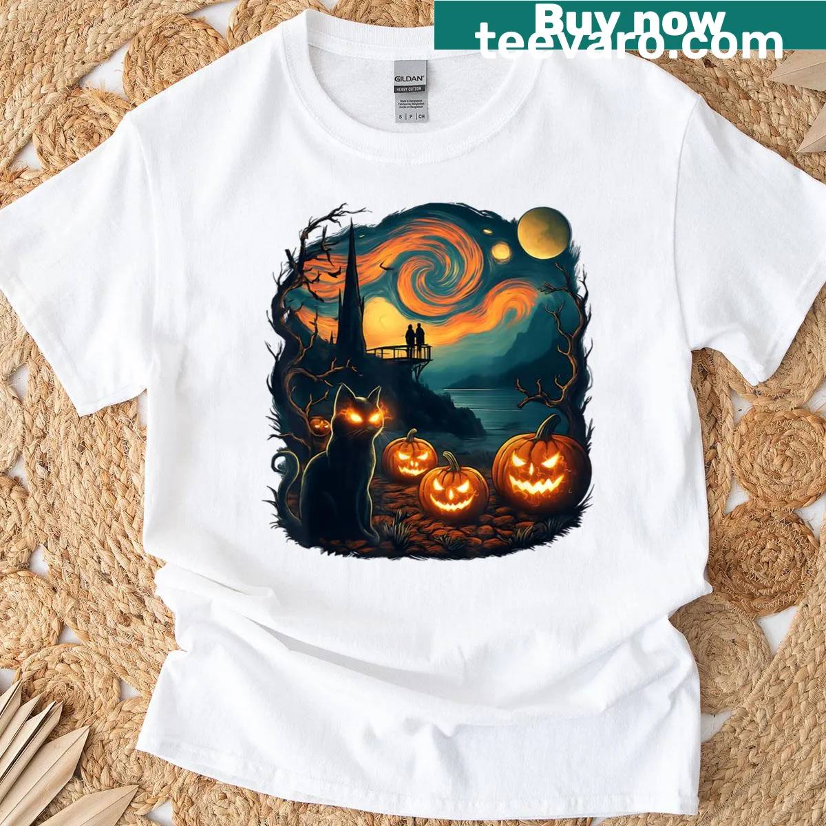 Illustrated Halloween t-shirt featuring a black cat, pumpkins, and swirling skies. — on a men's t-shirt