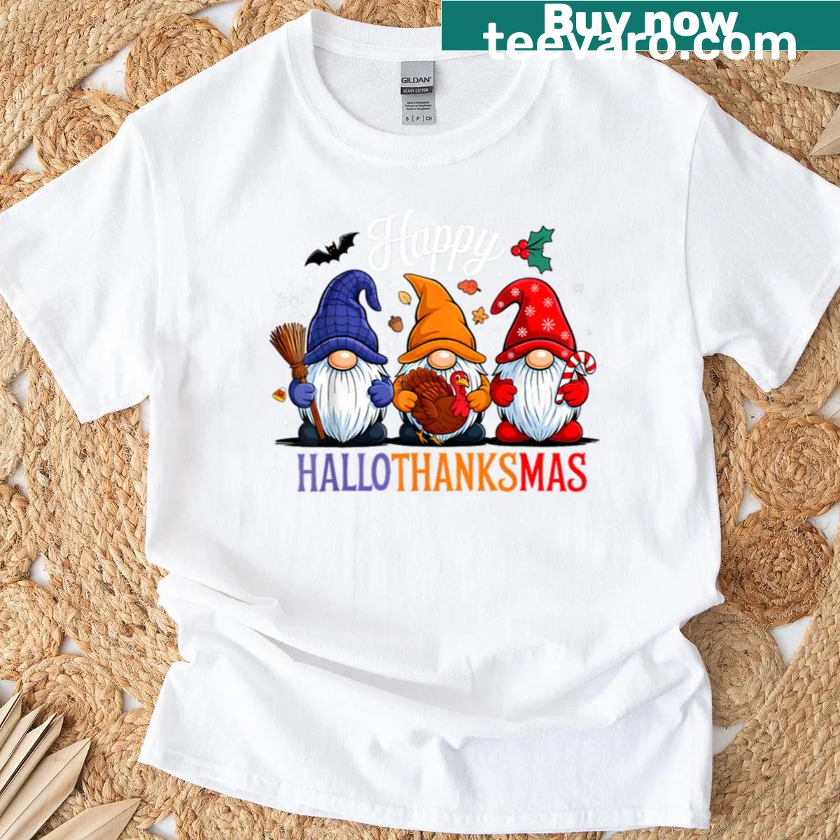 Cute gnome design combining Halloween, Thanksgiving, and Christmas themes. — on a men's t-shirt